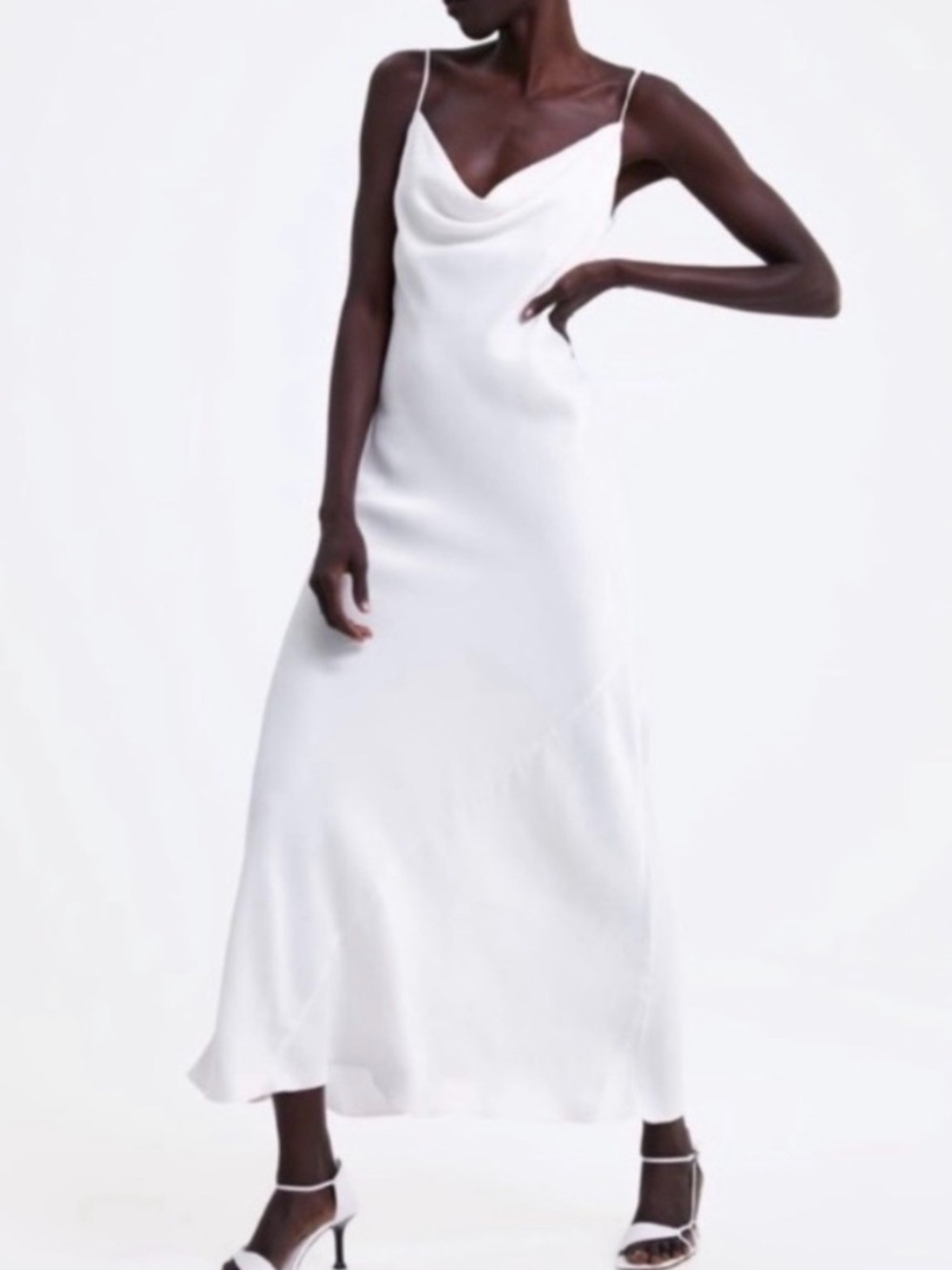 ZARA White Faux Silk Silky Viscose Bias Maxi Slip Dress